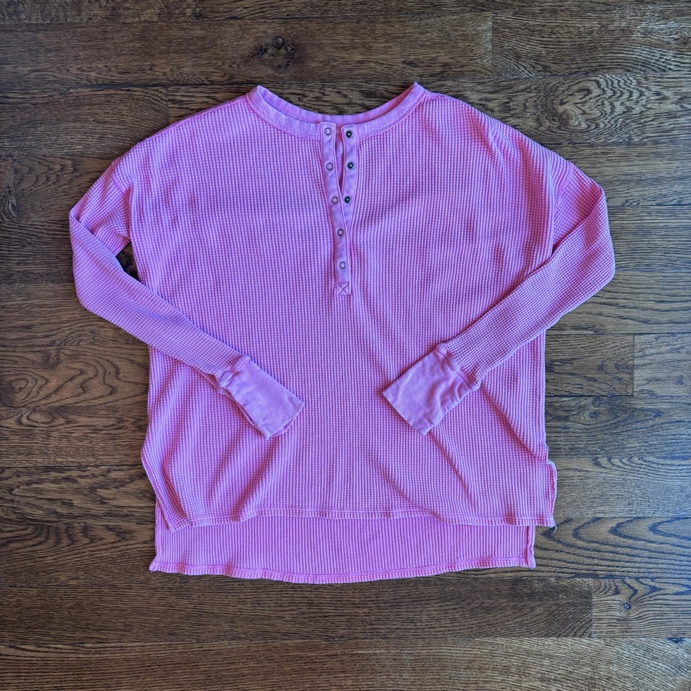 aerie Offline WOW Pink Waffle Henley Long-Sleeve Top | XS | Oversized